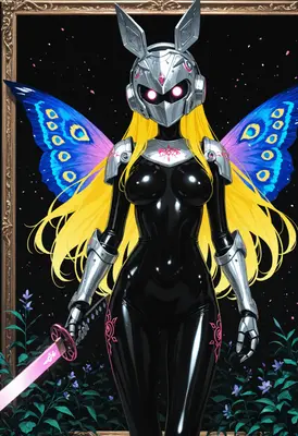 Cybernetic Butterfly Warrior with Glowing Blade