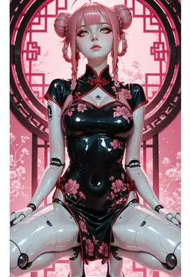 Cybernetic Beauty in Traditional Floral Qipao