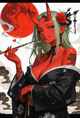 Red Oni with Smoking Pipe