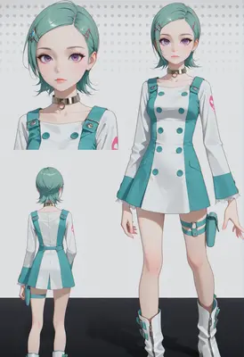 Turquoise Hair Anime Character Design Sheet