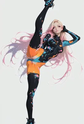 Dynamic Dancer in Colorful Latex Suit