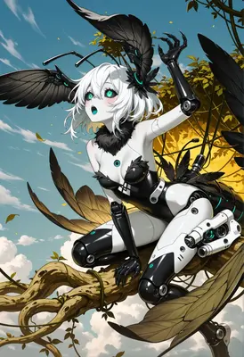 Cyborg Moth Girl Perched on Branch