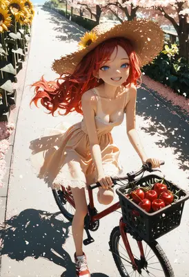 Cheerful Girl Cycling Through Spring Blossoms