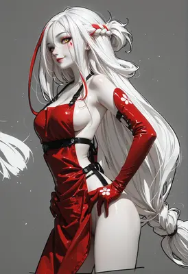 Elegant White Haired Beauty in Red
