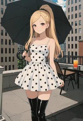 Blonde Girl with Umbrella on Balcony