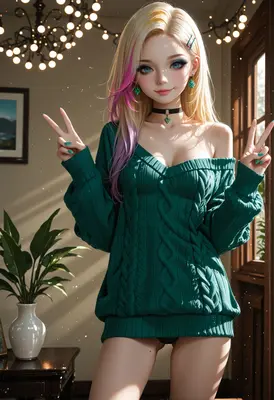 Blonde Girl in Green Cable Sweater