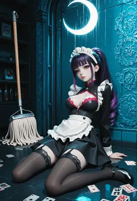 Midnight Maid Resting Amidst Playing Cards