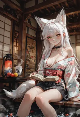 Fox Girl Reading by the Hot Spring