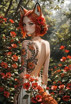 Fox Spirit Among The Red Roses