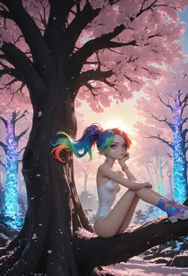 Rainbow Haired Girl in Magical Forest