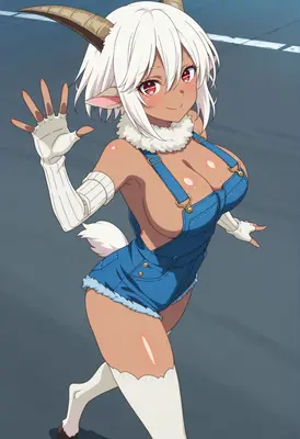 Cheerful Goat Girl in Denim Overalls