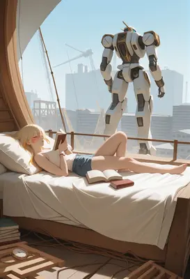 Quiet Reading Beside a Giant Mecha
