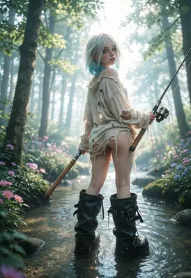 Angler Girl in the Misty Woods