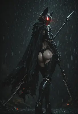 Cybernetic Cat Warrior in the Rain