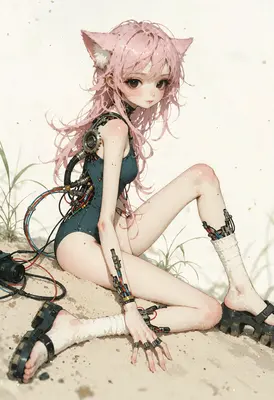 Cyborg Cat Girl Resting on Sand