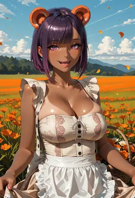 Cheerful Bear Girl in Flower Field