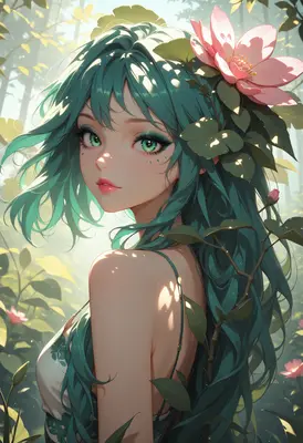 Serene Forest Maiden with Floral Bloom