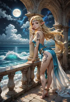 Elf Princess Gazing at Midnight Sea
