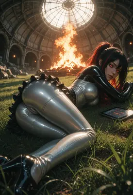 Cybernetic Girl Resting Under Burning Dome