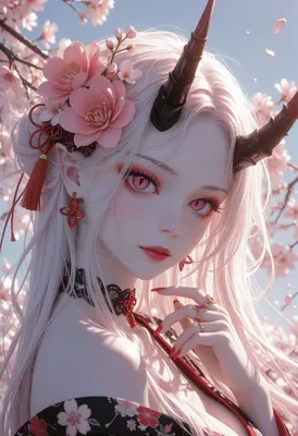 Oni Maiden Amidst Cherry Blossoms