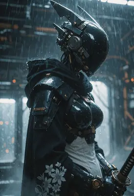 Cybernetic Ronin Standing in the Rain
