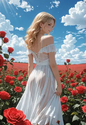Blonde Beauty in a Red Rose Field