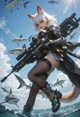 Fox Girl Warrior Amidst Ocean Sharks