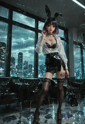 Rainy Night Bunny Girl in City