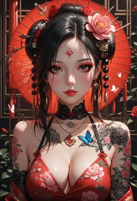Elegant Geisha with Floral Tattoos