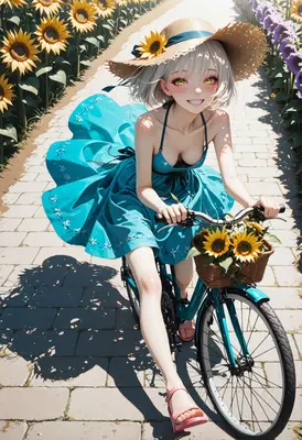 Summer Girl Cycling Through Sunflowers