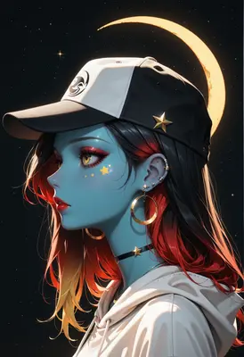 Starlit Blue Girl Under Crescent Moon