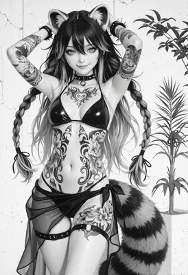 Tattooed Raccoon Girl with Pink Eyes