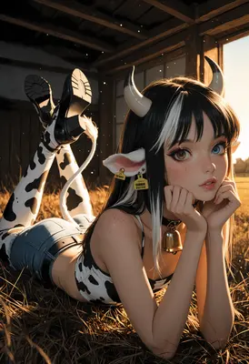Cute Cow Girl Resting In Hay