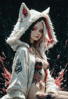 Ethereal Wolf Girl with Floral Ink