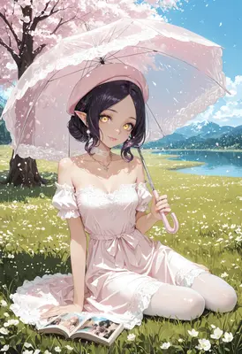 Elf Maiden Under Cherry Blossom Trees