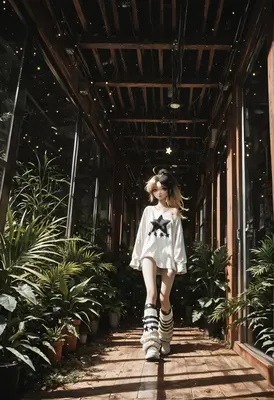 Starry Girl in a Lush Corridor