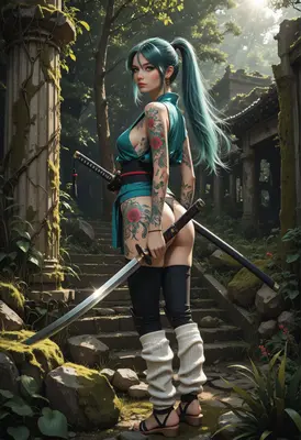 Tattooed Swordswoman in Ancient Ruins