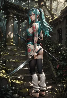 Tattooed Samurai Warrior in Ancient Ruins