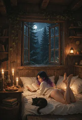 Cozy Moonlight Reading in Wooden Cabin