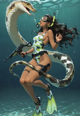 Underwater Diver With Giant Sea Serpent