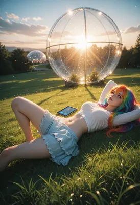 Rainbow Haired Girl Resting in Meadow