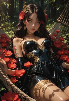 Gilded Beauty Resting in Floral Hammock