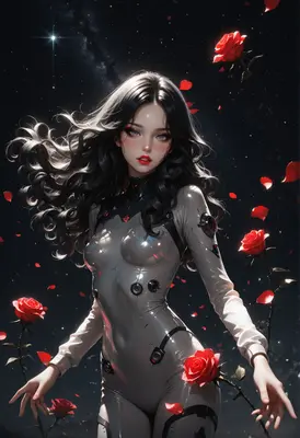 Cybernetic Beauty Amidst Falling Roses