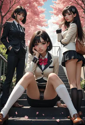Schoolgirls Relaxing on Cherry Blossom Stairs