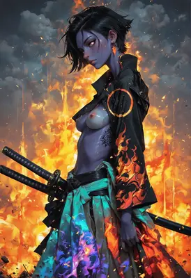 Purple Oni Samurai Amidst Eternal Flames