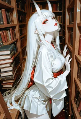 White Haired Oni in Ancient Library