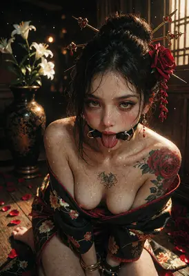 Enigmatic Geisha in Rose Petal Chamber