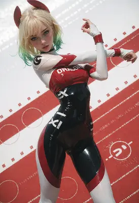 Futuristic Blonde Racer in Latex Suit