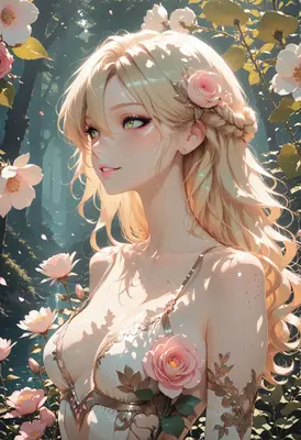 Blonde Maiden Among Ethereal Forest Roses