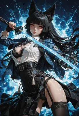 Blue Flame Cat Girl Warrior